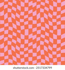 Um padrão ondulado distorcido quadriculado em rosa e laranja, vibes groovy, decoração de dopamina, padrão sem costura grande para artigos de papelaria, papel de parede, moda, fundos de apresentação, berçário, lenços, acessórios