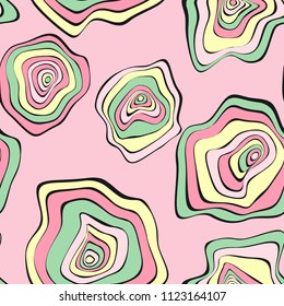 Wavy Distorted Rounds. Seamless Pattern with Deformed Circles. Abstract Background in Pastel Color Design. Vector Psychedelic Illustration with Colorful Spot. Wave Seamless Pattern for Fabric, Textile