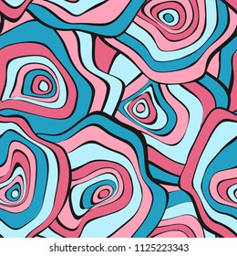 Wavy Distorted Rounds. Seamless Pattern with Deformed Circles. Hand Drawn Abstract Background. Vector Psychedelic Illustration with Colorful Spots. Wave Seamless Pattern for Fabric, Textile, Wrapping.