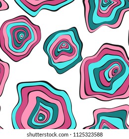 Wavy Distorted Rounds. Seamless Pattern with Deformed Circles. Hand Drawn Abstract Background. Vector Psychedelic Illustration with Colorful Spots. Wave Seamless Pattern for Fabric, Textile, Wrapping.
