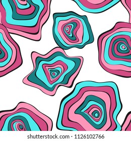 Wavy Distorted Rounds. Seamless Pattern with Deformed Circles. Hand Drawn Abstract Background. Vector Psychedelic Illustration with Colorful Spots. Wave Seamless Pattern for Fabric, Textile, Wrapping.