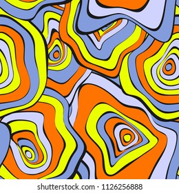 Wavy Distorted Rounds. Seamless Pattern with Deformed Circles. Hand Drawn Abstract Background. Vector Psychedelic Illustration with Colorful Spots. Wave Seamless Pattern for Fabric, Textile, Wrapping.