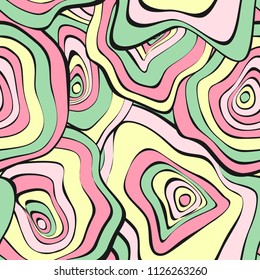 Wavy Distorted Rounds. Seamless Pattern with Deformed Circles. Abstract Background in Pastel Color Design. Vector Psychedelic Illustration with Colorful Spot. Wave Seamless Pattern for Fabric, Textile