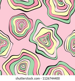 Wavy Distorted Rounds. Seamless Pattern with Deformed Circles. Abstract Background in Pastel Color Design. Vector Psychedelic Illustration with Colorful Spot. Wave Seamless Pattern for Fabric, Textile