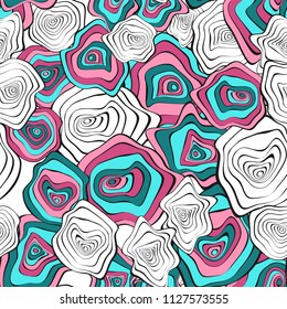 Wavy Distorted Rounds. Seamless Pattern with Deformed Circles. Hand Drawn Abstract Background. Vector Psychedelic Illustration with Colorful Spots. Wave Seamless Pattern for Fabric, Textile, Wrapping.