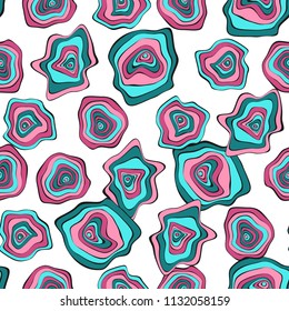 Wavy Distorted Rounds. Seamless Pattern with Deformed Circles. Hand Drawn Abstract Background. Vector Psychedelic Illustration with Colorful Spots. Wave Seamless Pattern for Fabric, Textile, Wrapping.