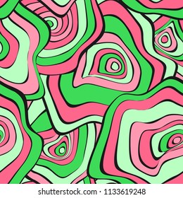 Wavy Distorted Rounds. Seamless Pattern with Deformed Circles. Hand Drawn Abstract Background. Vector Psychedelic Illustration with Colorful Spots. Wave Seamless Pattern for Fabric, Textile, Wrapping.