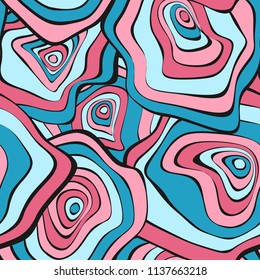 Wavy Distorted Rounds. Seamless Pattern with Deformed Circles. Hand Drawn Abstract Background. Vector Psychedelic Illustration with Colorful Spots. Wave Seamless Pattern for Fabric, Textile, Wrapping.
