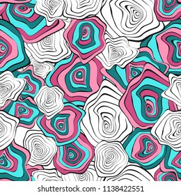 Wavy Distorted Rounds. Seamless Pattern with Deformed Circles. Hand Drawn Abstract Background. Vector Psychedelic Illustration with Colorful Spots. Wave Seamless Pattern for Fabric, Textile, Wrapping.