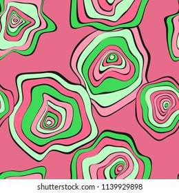 Wavy Distorted Rounds. Seamless Pattern with Deformed Circles. Hand Drawn Abstract Background. Vector Psychedelic Illustration with Colorful Spots. Wave Seamless Pattern for Fabric, Textile, Wrapping.