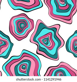 Wavy Distorted Rounds. Seamless Pattern with Deformed Circles. Hand Drawn Abstract Background. Vector Psychedelic Illustration with Colorful Spots. Wave Seamless Pattern for Fabric, Textile, Wrapping.