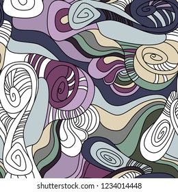 Wavy Distorted Rounds. Seamless Pattern with Deformed Circles. Hand Drawn Abstract Background. Vector Psychedelic Illustration with Colorful Spots. Wave Seamless Pattern for Fabric, Textile, Wrapping.