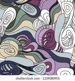 Wavy Distorted Rounds. Seamless Pattern with Deformed Circles. Hand Drawn Abstract Background. Vector Psychedelic Illustration with Colorful Spots. Wave Seamless Pattern for Fabric, Textile, Wrapping.