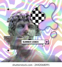 Wavy distorted Vaporwave antique statue on pastel colors holo groovy background with pop up and 3d melting blobs. Vector illustration.