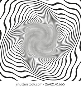 Wavy distortion form. Black line vortex. Vector optical swirl. Abstract tunnel shape.