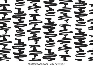 Wavy doodle seamless pattern. Bold ink lines ornament. Hand drawn black rough brush drawing. Smears scribbles grunge style wrapping paper. Vintage textiles fabric 1960 s Vector illustrations.