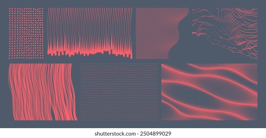 Wavy dot background. Stripes that look like threads. Effect of flowing drops of liquid. Red drops hanging or dangling. Vector illustration for brochure, poster, presentation, flyer or banner.