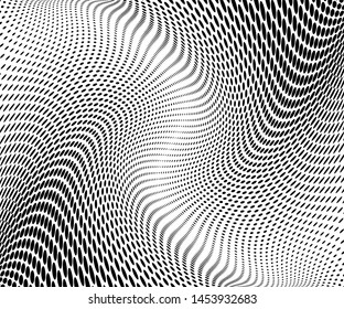 Wavy dot lines background. Pattern of dots, dotted lines, circles of different scale. Futuristic pattern. Monochrome backdrop to create backgrounds, templates, posters in a modern minimalist style.