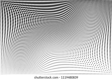 Wavy dot lines pattern. Halftone background. Futuristic panel. The background to create a modern backdrops, posters, banners in the style of pop art. Vector illustration  