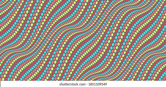 Fundo ondulado pontilhado com ilusão óptica. Padrão de pontos de polca abstratos. Ilustração de vetor 3d.