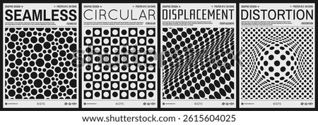 Wavy dotted background with optical illusion. Background with convex hemisphere. Volumetric composition. Many chaotic circles of different sizes in empty space. Black and white cover design template.