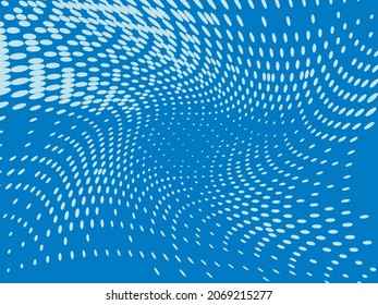 Wavy dotted background. Pattern of dots, circles of different scale. Futuristic pattern. Monochrome blue backdrop to create backgrounds, templates, posters in a modern minimalist style.