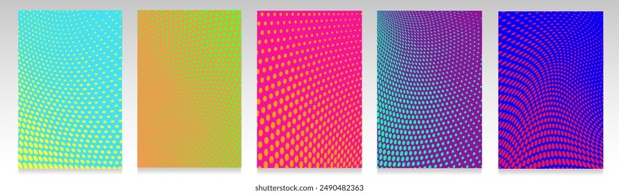 Wavy dotted cover set. Abstract geometric backgrounds, contrasting saturated colors, fluorescent patterns.