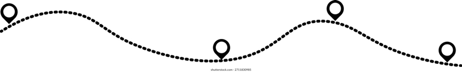 Wavy dotted line route with map pins. Journey path and travel tracking vector design.