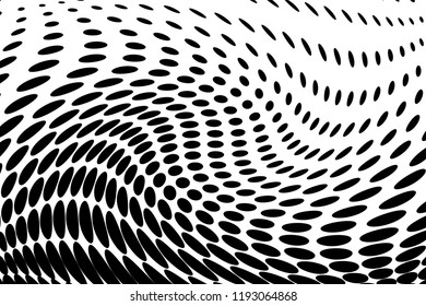 Wavy dotted lines background. Pattern of dots, dotted lines, circles of different scale. Futuristic pattern. Monochrome backdrop to create backgrounds, templates, posters in a modern minimalist style.