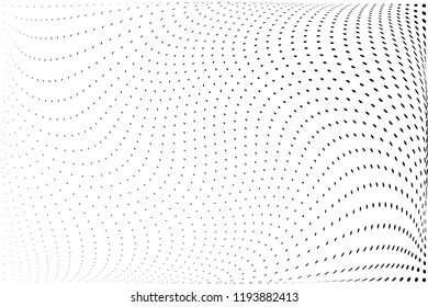 Wavy dotted lines background. Pattern of dots, dotted lines, circles of different scale. Futuristic pattern. Monochrome backdrop to create backgrounds, templates, posters in a modern minimalist style