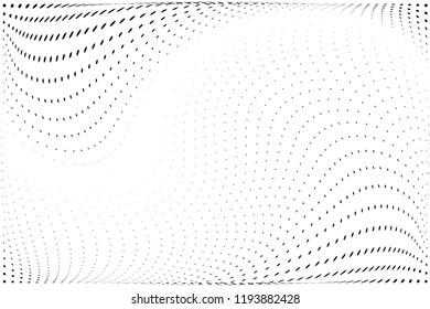 Wavy dotted lines background. Pattern of dots, dotted lines, circles of different scale. Futuristic pattern. Monochrome backdrop to create backgrounds, templates, posters in a modern minimalist style