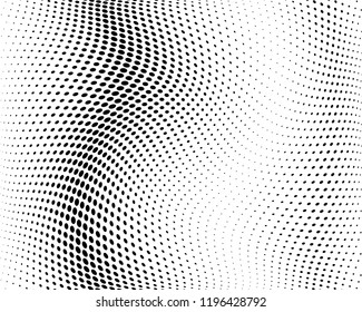 Wavy dotted lines background. Pattern of dots, dotted lines, circles of different scale. Digital Gradient. Pop-art style. Grunge Backdrop. Modern futuristic Abstract panel. Vector illustration