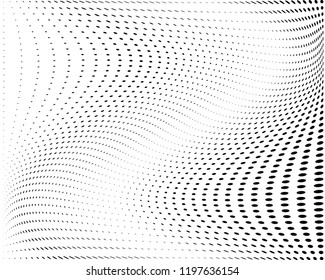 Wavy dotted lines background. Pattern of dots, dotted lines, circles of different scale. Digital Gradient. Pop-art style. Grunge Backdrop. Modern futuristic Abstract panel. Vector illustration