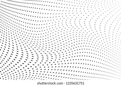 Wavy dotted lines background. Pattern of dots, dotted lines, circles of different scale. Digital Gradient. Pop-art style. Grunge Backdrop. Modern futuristic Abstract panel. Vector illustration