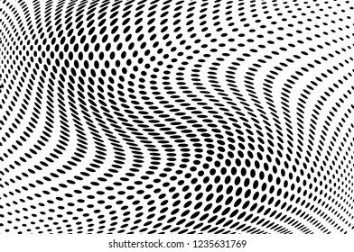 Wavy dotted lines background. Pattern of dots, dotted lines, circles of different scale. Digital Gradient. Pop-art style. Grunge Backdrop. Modern futuristic Abstract panel. Vector illustration