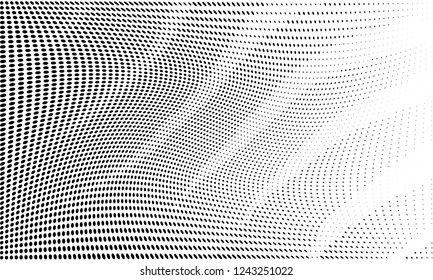 Wavy dotted lines background. Pattern of dots, dotted lines, circles of different scale. Digital Gradient. Pop-art style. Grunge Backdrop. Modern futuristic Abstract panel. Vector illustration