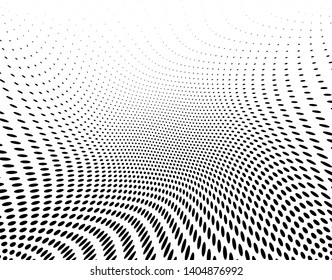 Wavy dotted lines background. Pattern of dots, dotted lines, circles of different scale. Digital Gradient. Optical illusion. Pop art style. Modern futuristic Abstract panel. Vector illustration