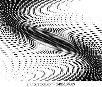 Wavy dotted lines background. Pattern of dots, dotted lines, circles of different scale. Digital Gradient. Optical illusion. Pop art style. Modern futuristic Abstract panel. Vector illustration