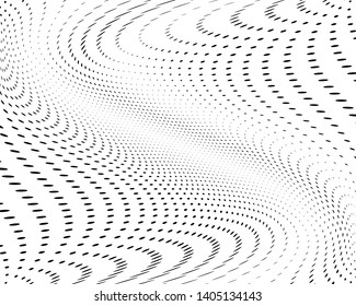 Wavy dotted lines background. Pattern of dots, dotted lines, circles of different scale. Digital Gradient. Optical illusion. Pop art style. Modern futuristic Abstract panel. Vector illustration