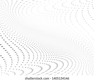 Wavy dotted lines background. Pattern of dots, dotted lines, circles of different scale. Digital Gradient. Optical illusion. Pop art style. Modern futuristic Abstract panel. Vector illustration