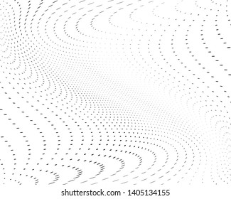 Wavy dotted lines background. Pattern of dots, dotted lines, circles of different scale. Digital Gradient. Optical illusion. Pop art style. Modern futuristic Abstract panel. Vector illustration