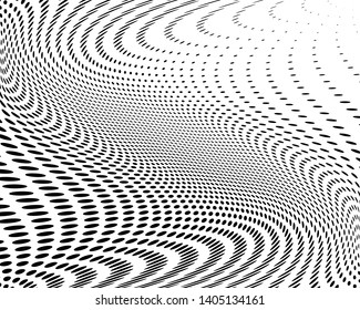 Wavy dotted lines background. Pattern of dots, dotted lines, circles of different scale. Digital Gradient. Optical illusion. Pop art style. Modern futuristic Abstract panel. Vector illustration