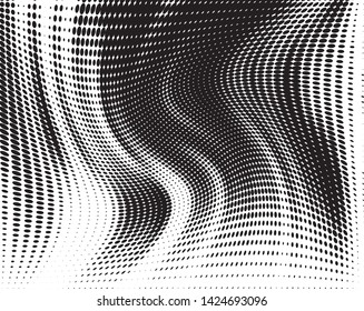 Wavy dotted lines background. Pattern of dots, dotted lines, circles of different scale. Digital Gradient. Pop-art style. Grunge Backdrop. Modern futuristic Abstract panel. Vector illustration