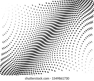 Wavy dotted lines. Monochrome background. Futuristic pattern. White background. Polka dot halftone pattern. Textile print design. Textile ornament. Gradient retro line pattern design. Surface texture.