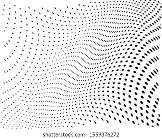 Wavy dotted lines. Monochrome background. Futuristic pattern. White background. Polka dot halftone pattern. Textile print design. Textile ornament. Gradient retro line pattern design. Surface texture.