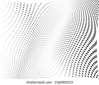 Wavy dotted lines. Monochrome background. Futuristic pattern. White background. Polka dot halftone pattern. Textile print design. Textile ornament. Gradient retro line pattern design. Surface texture.