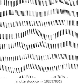 Wavy dotted lines vector seamless pattern. Horizontal brushstrokes, vertical dashes. Doodle stripes and waves. Black paint hand drawn background. Trendy monochrome texture with hand drawn doodle lines