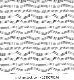 Wavy dotted lines vector seamless pattern. Horizontal brushstrokes, vertical dashes. Doodle stripes and waves. Black paint hand drawn background. Trendy monochrome texture with hand drawn doodle lines