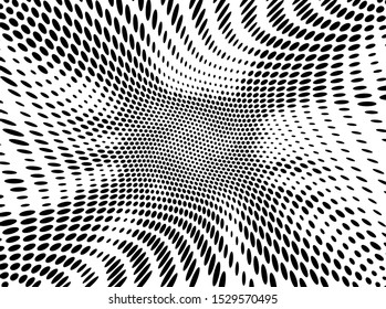 Wavy dotted pattern on light background. Vintage print. Futuristic panel. Vector graphic print. Dotted geometric pattern. Stylish pattern with black wavy dotted pattern on halftone white background.