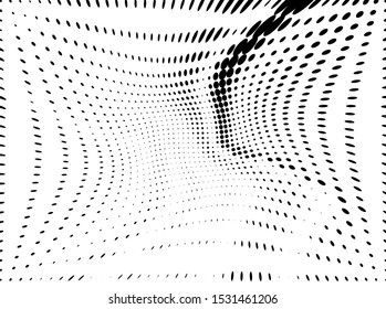 Wavy dotted pattern on light background. Vintage print. Futuristic panel. Vector graphic print. Dotted geometric pattern. Stylish pattern with black wavy dotted pattern on halftone white background.